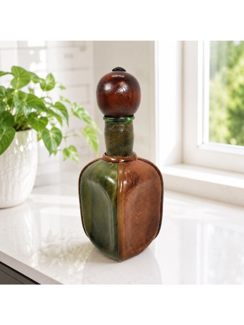 Vintage 1950s Italian Blown Glass Leather-Wrapped Decanter w Stopper Made Italy